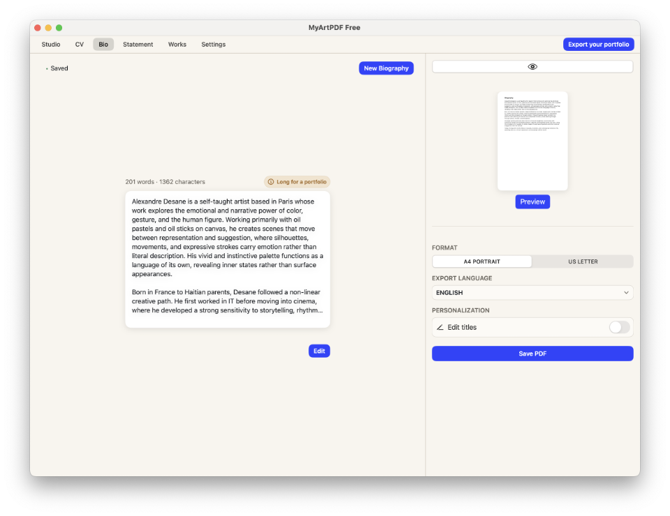 MyArtPDF biography editor with live PDF preview on macOS
