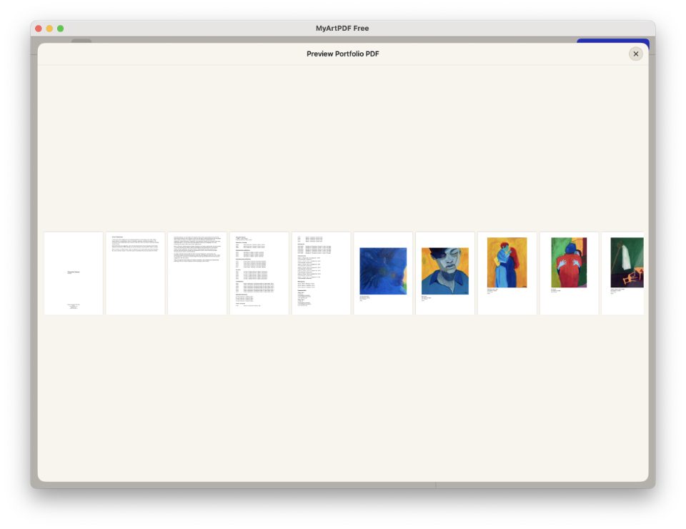 MyArtPDF macOS portfolio preview showing cover, text pages, CV and artworks