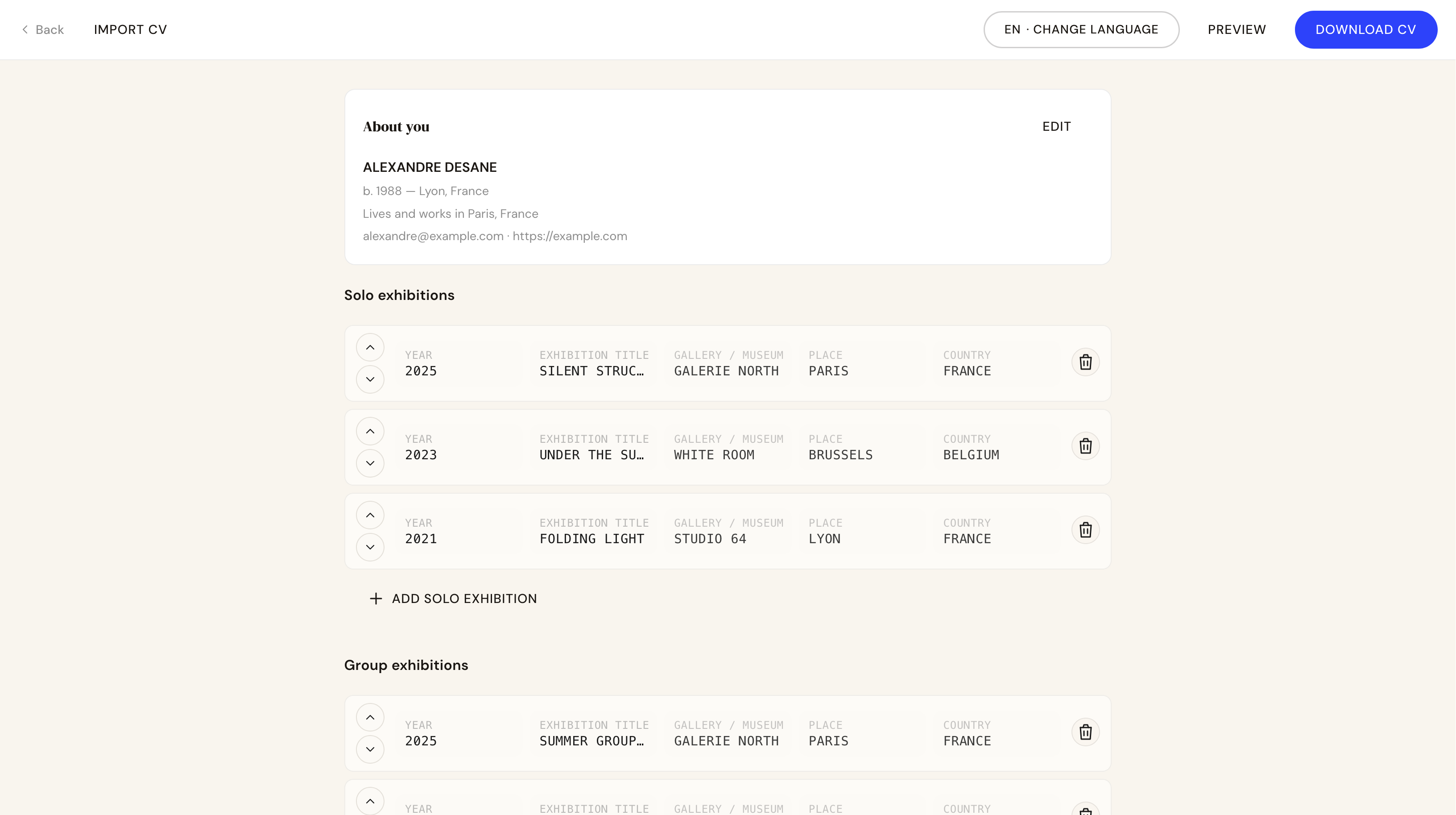 Artist CV generator interface — filling in solo exhibitions section