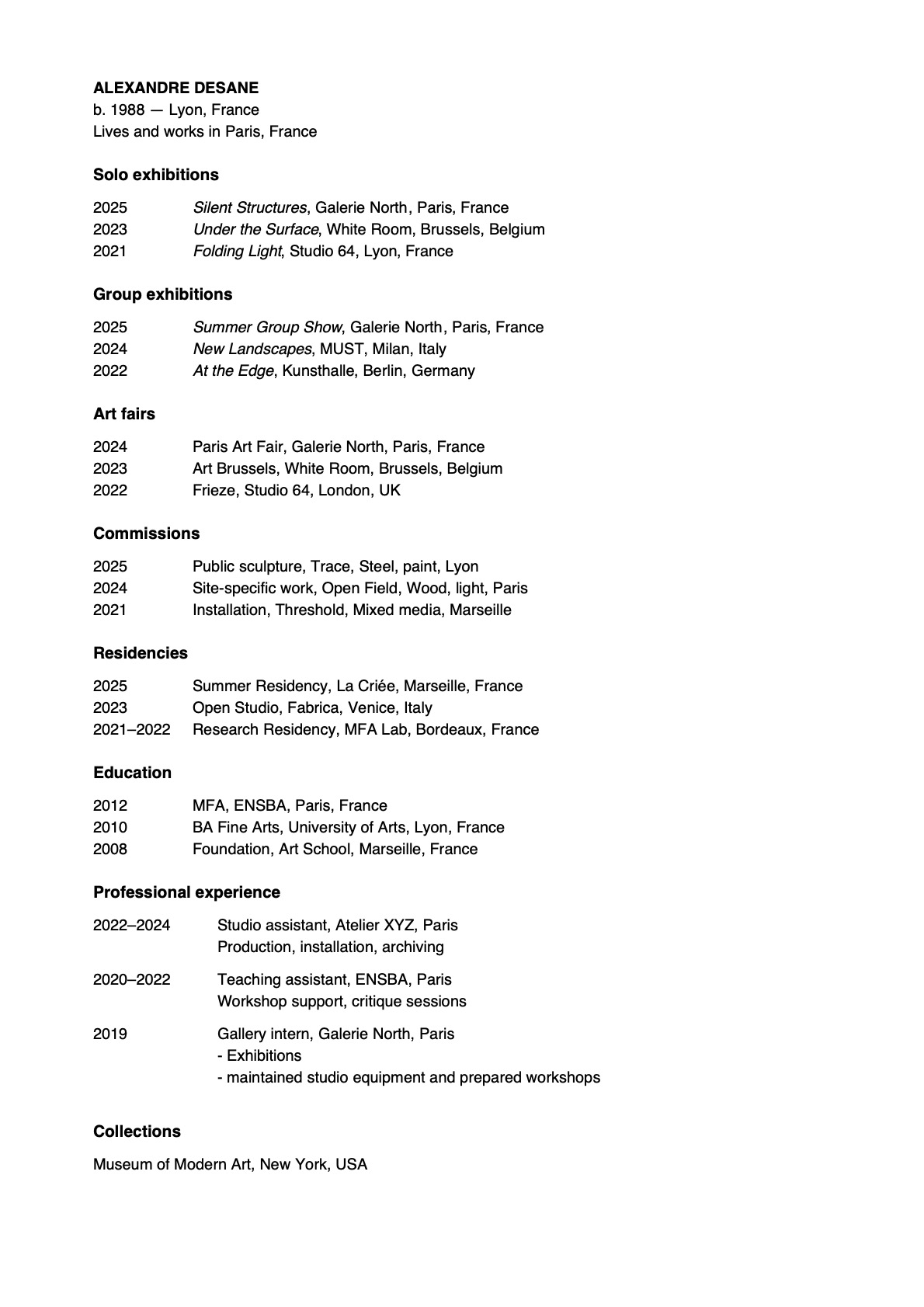 Artist CV PDF export — clean institutional format for galleries and residencies