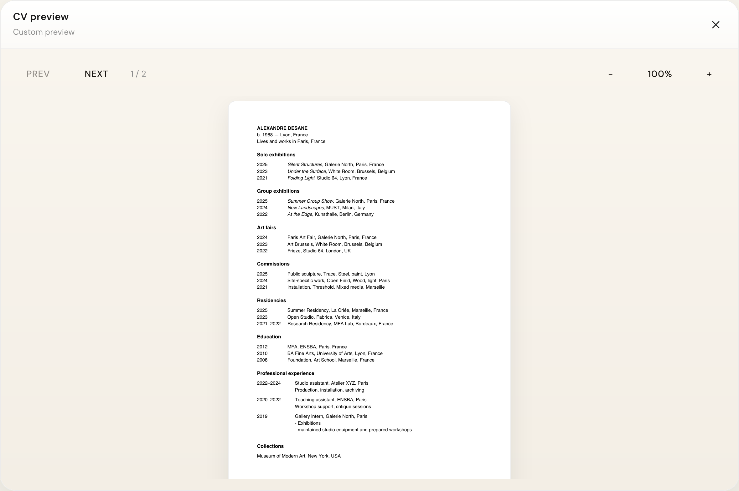 Artist CV preview inside the generator — gallery-ready PDF layout