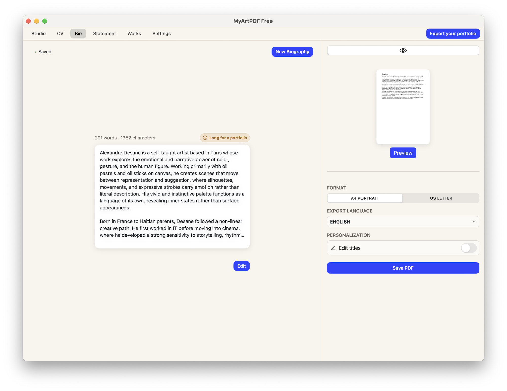 Artist biography editor interface in MyArtPDF