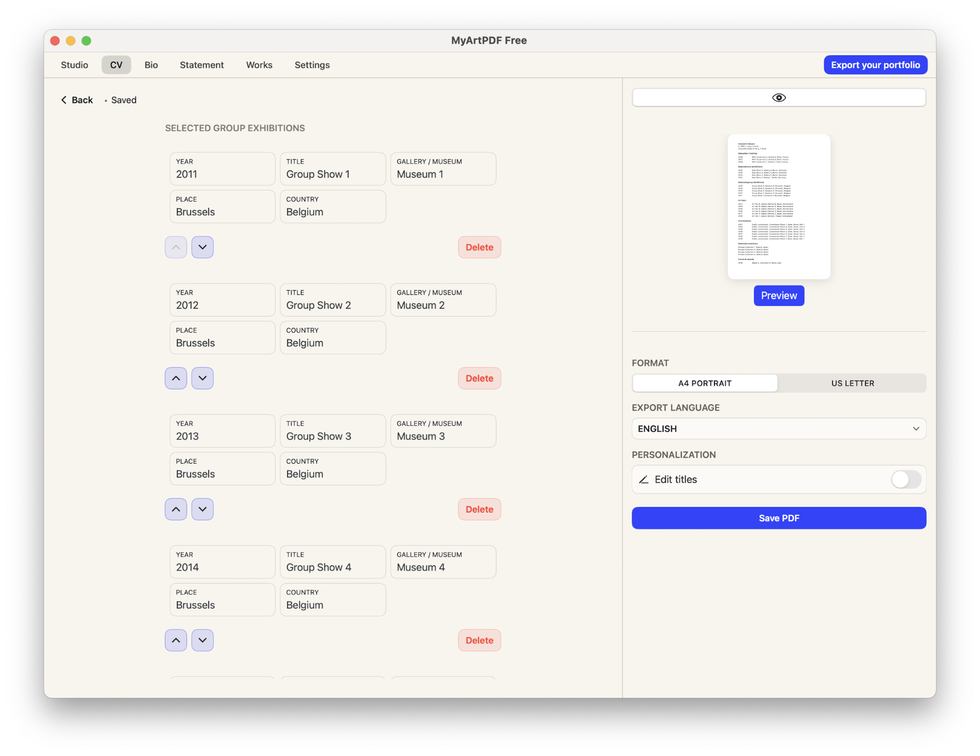 Example of a two-page artist CV exported as a PDF using MyArtPDF