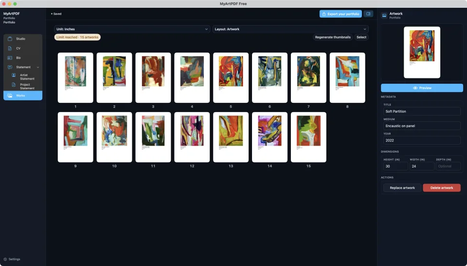 MyArtPDF for macOS: the Works grid with artwork cards, metadata, and export