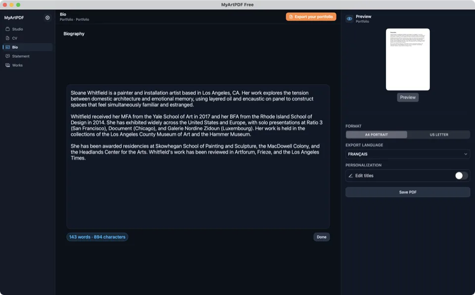 MyArtPDF biography editor