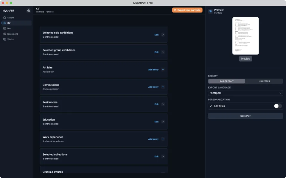 MyArtPDF CV editor with exhibition and professional entries