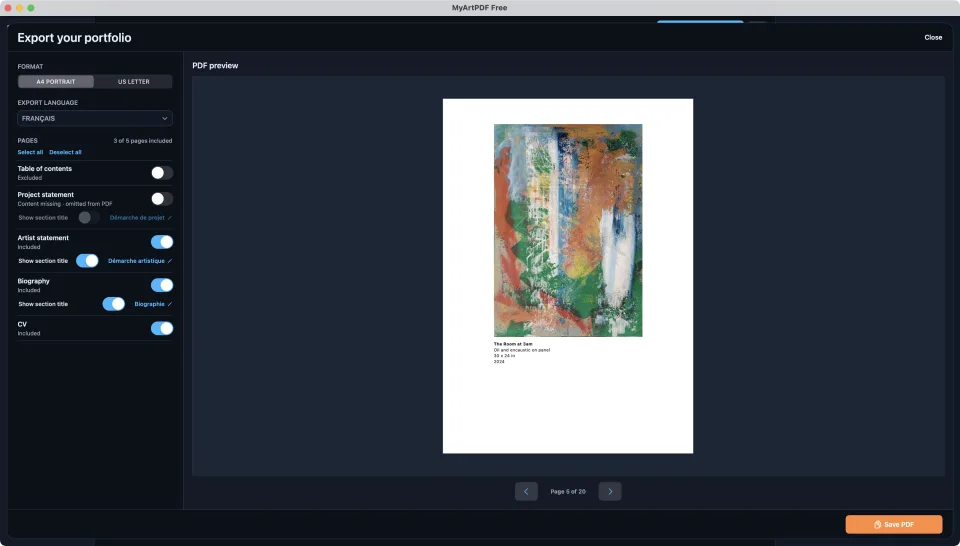 MyArtPDF export panel: page format, language, included sections, and the PDF preview