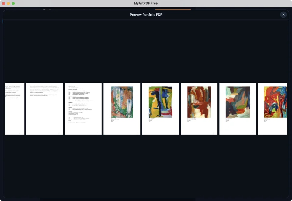 MyArtPDF macOS portfolio preview showing the sequence of cover, text pages, CV, and artworks