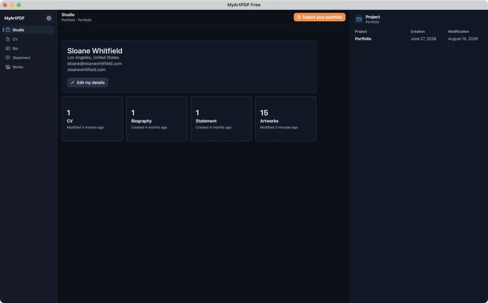 MyArtPDF Studio dashboard with CV, biography, statement and artworks counts