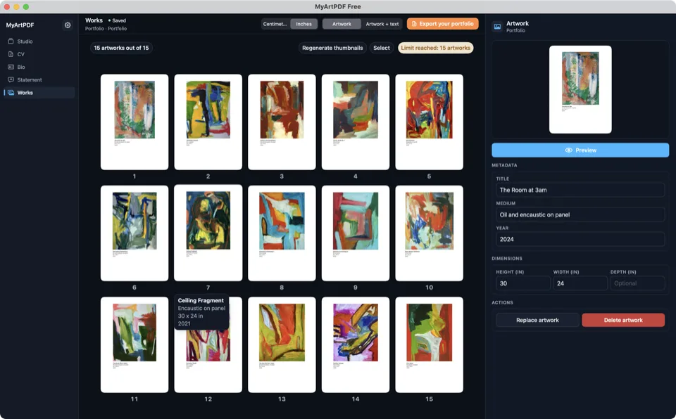 MyArtPDF for macOS: the Works grid with artwork cards, metadata, and export