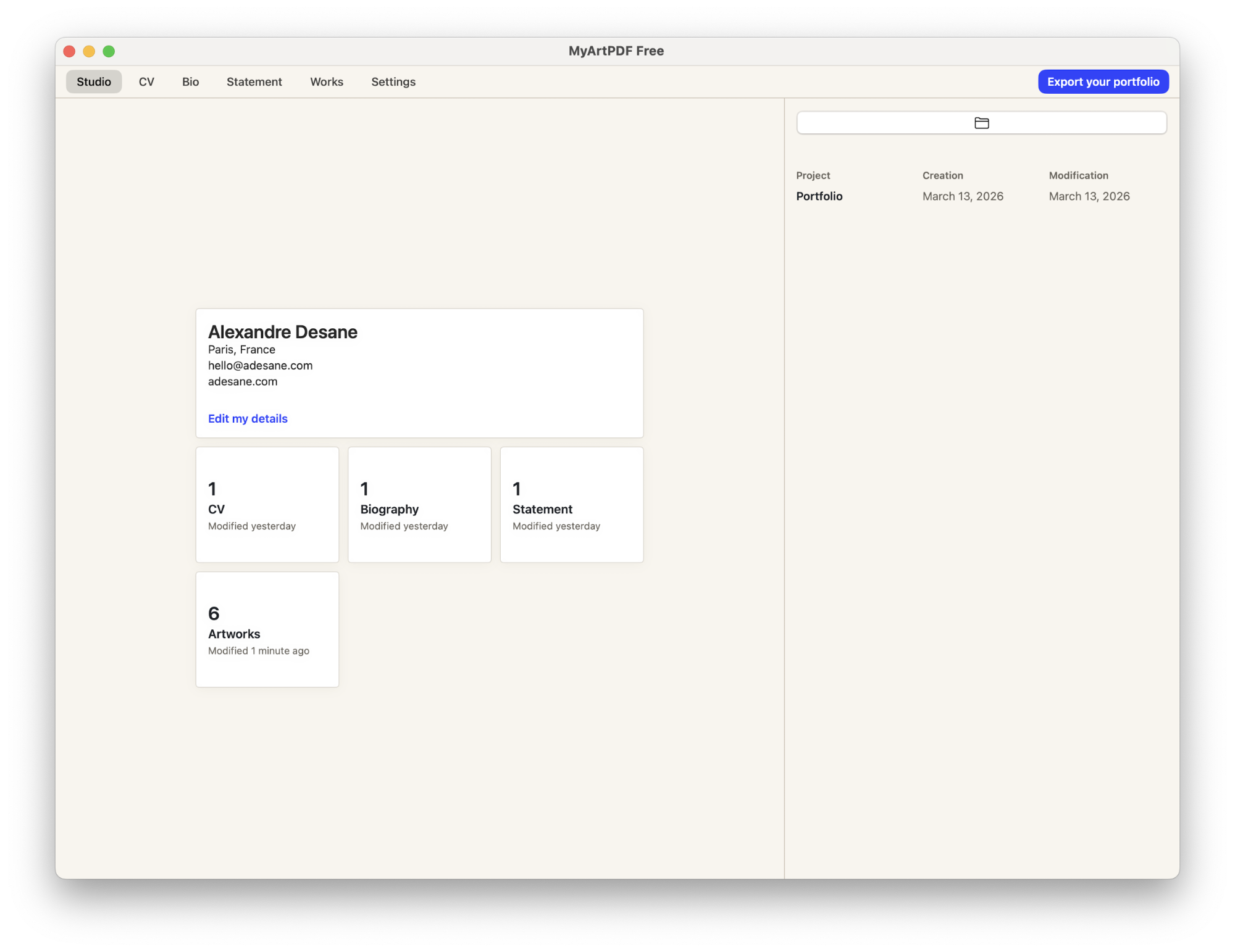 MyArtPDF studio interface for building an artist portfolio PDF