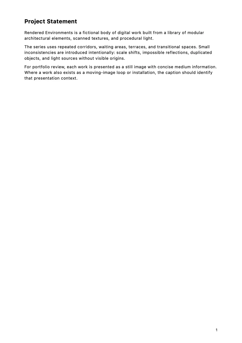 Project statement page titled Rendered Environments, 2024–2026.