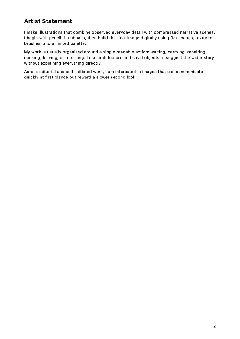 Artist statement page from the June Park illustration portfolio sample.