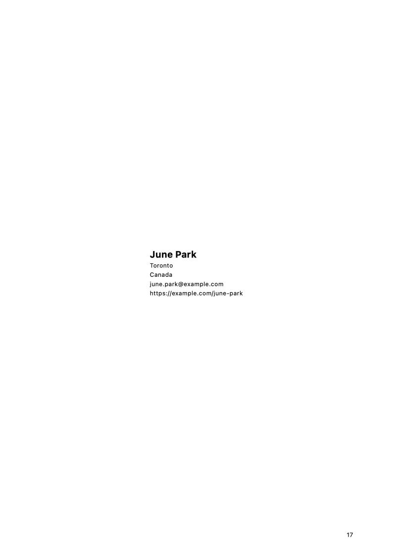 Contact page from the June Park illustration portfolio sample.