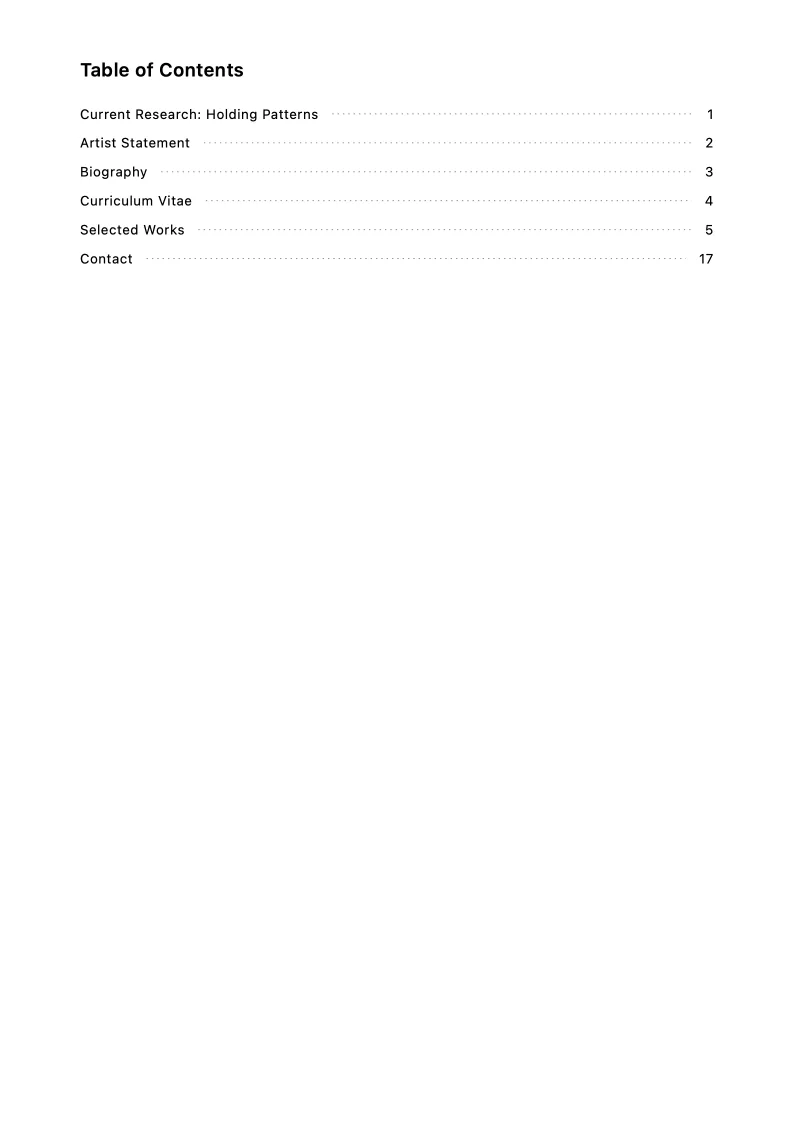 Table of contents page from the Lena Okafor MFA portfolio sample.