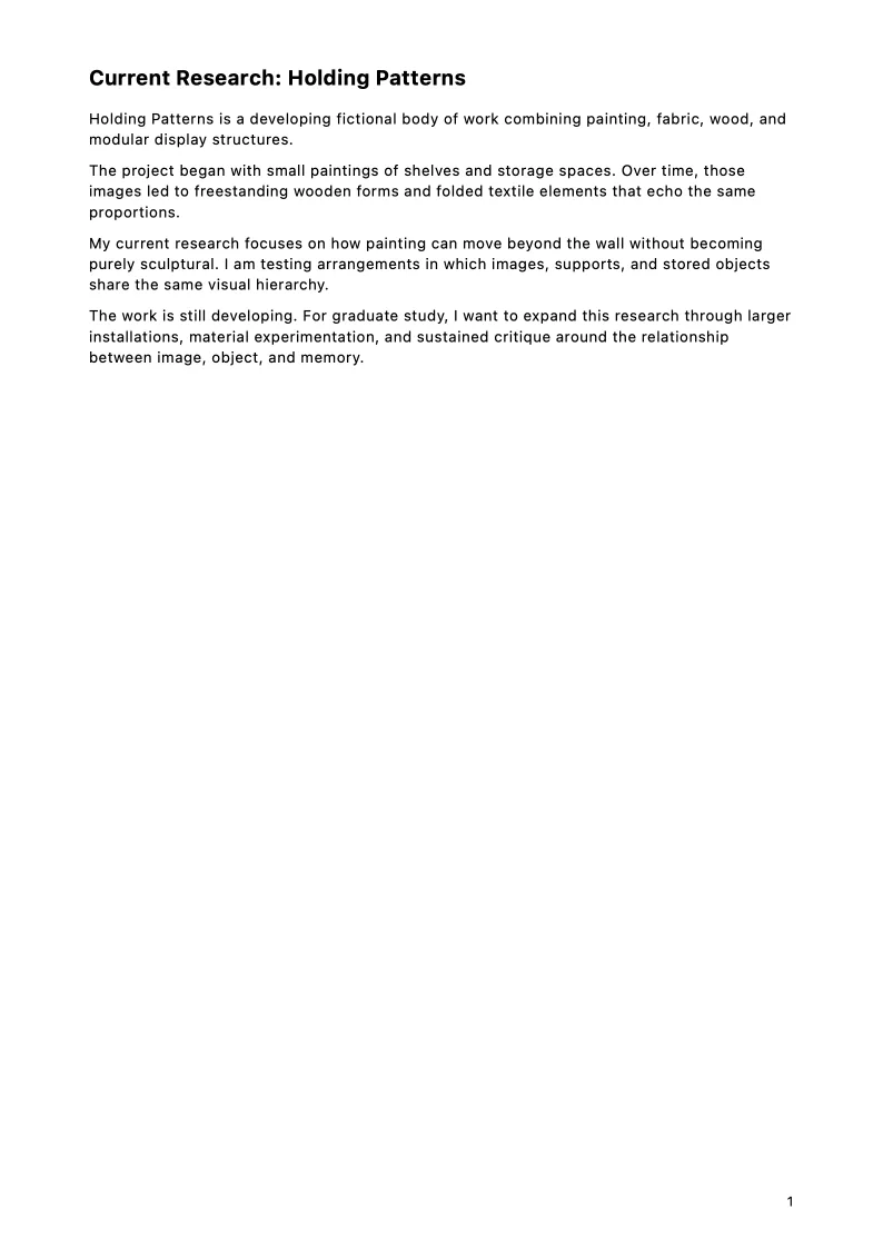 Project statement page titled Current Research: Holding Patterns.
