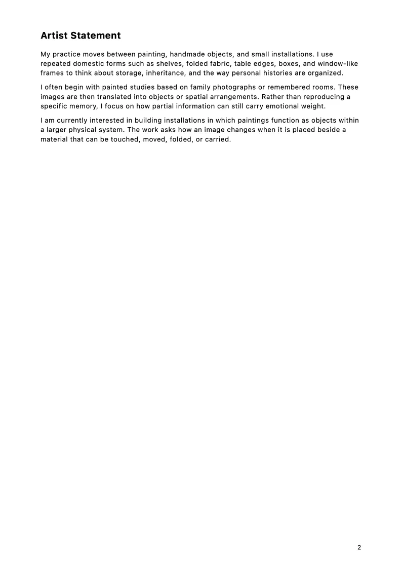 Artist statement page from the Lena Okafor MFA application sample.