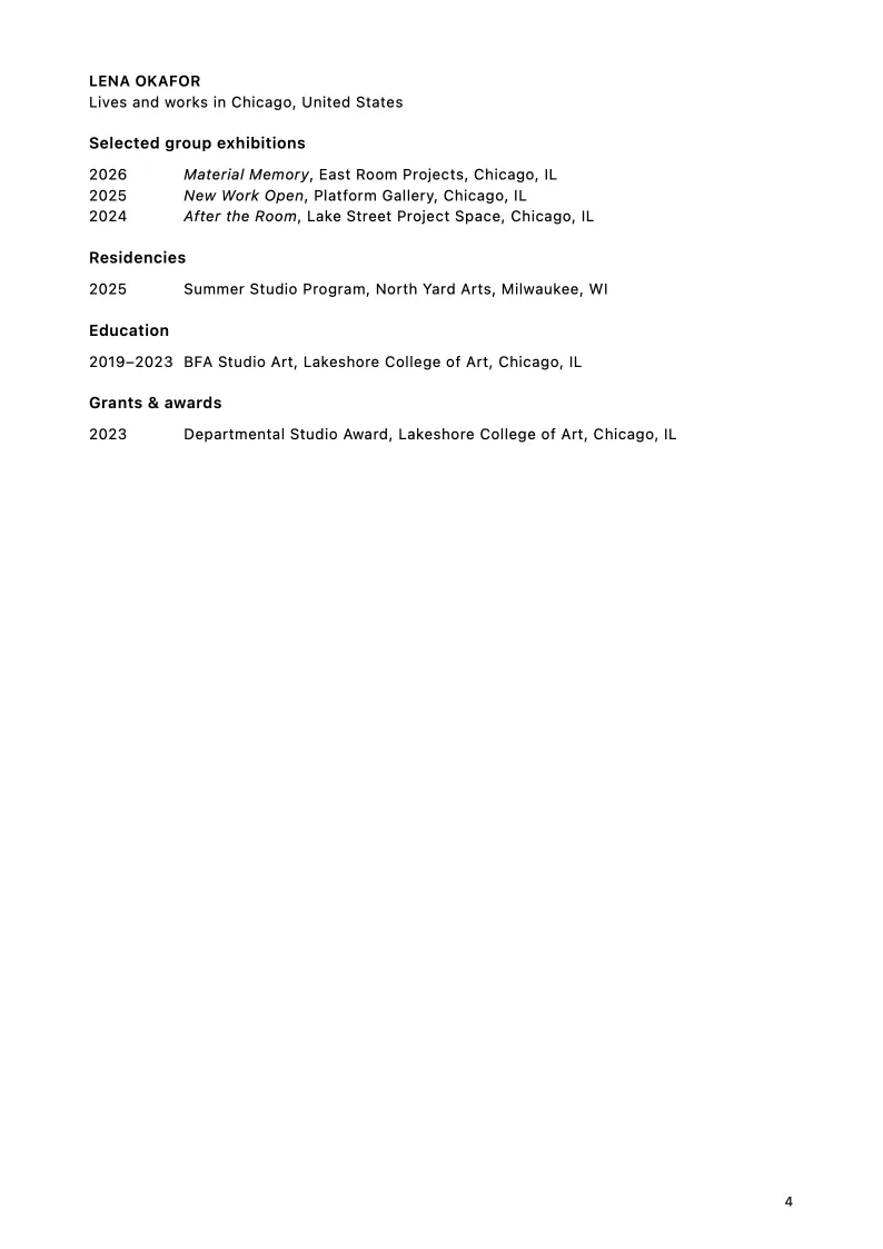 Artist CV page from the Lena Okafor MFA application sample.