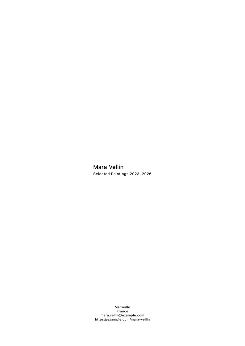 Cover page of the fictional Mara Vellin painting portfolio PDF.