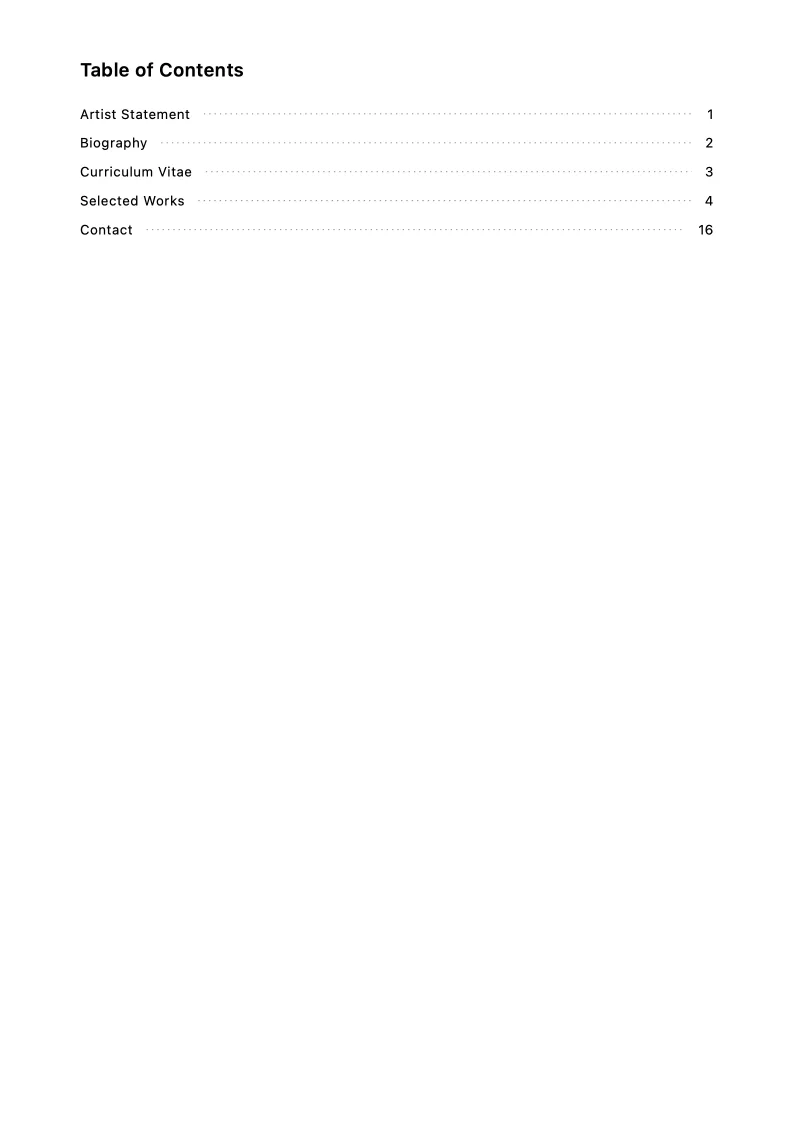 Table of contents page from the Mara Vellin painting portfolio sample.