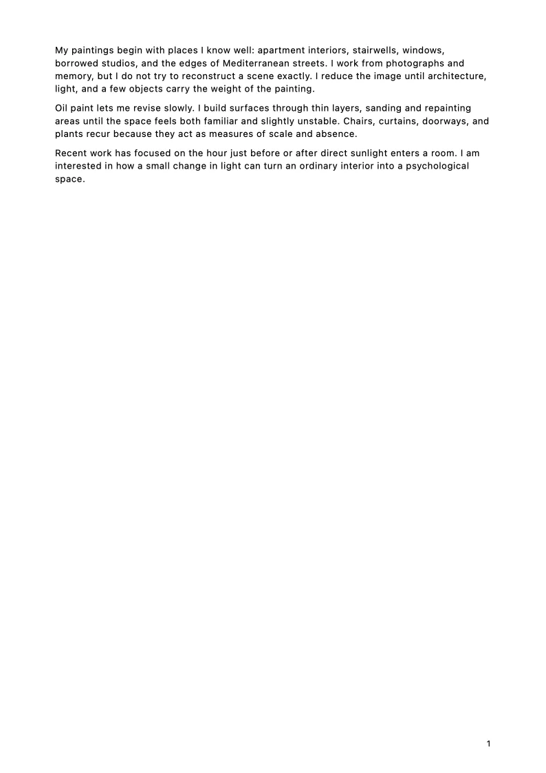 Artist statement page from the Mara Vellin painting portfolio sample.