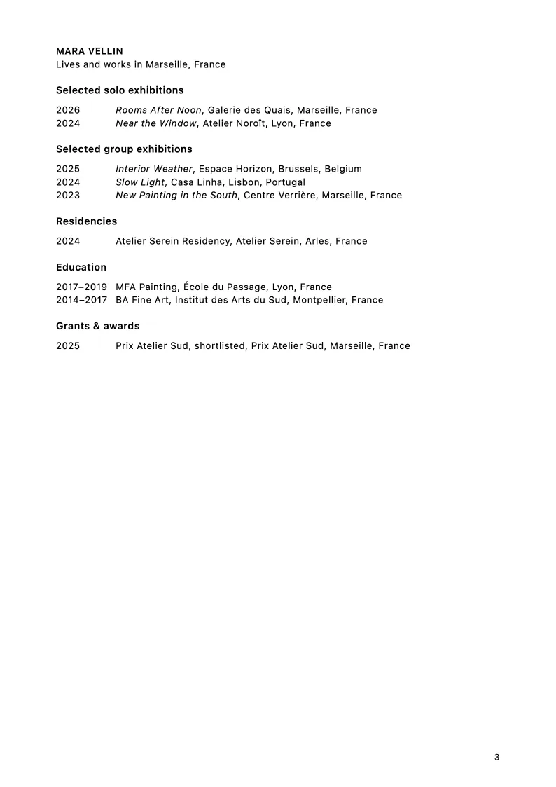 Artist CV page from the Mara Vellin painting portfolio sample.