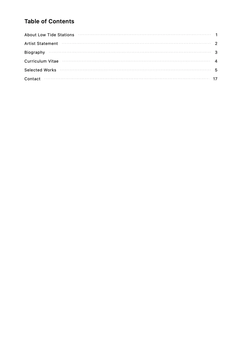Table of contents page from the Elias North photography portfolio sample.