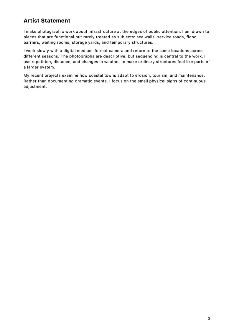 Artist statement page from the Elias North photography portfolio sample.