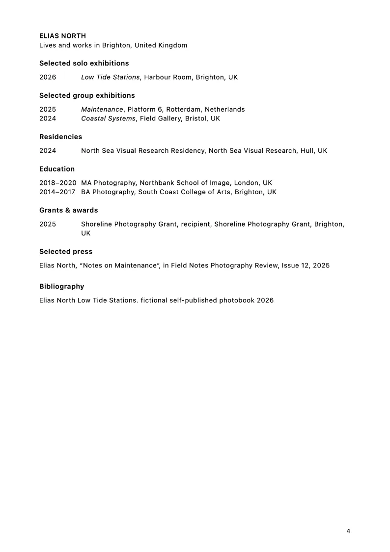 Artist CV page from the Elias North photography portfolio sample.