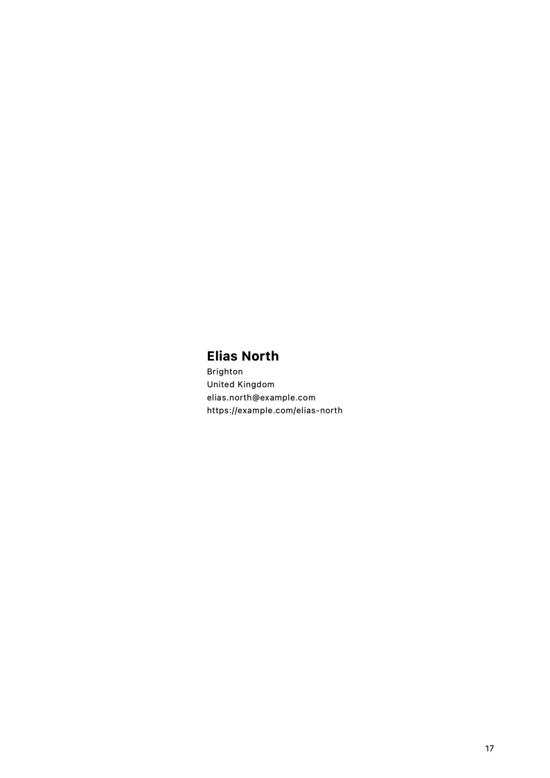 Contact page from the Elias North photography portfolio sample.
