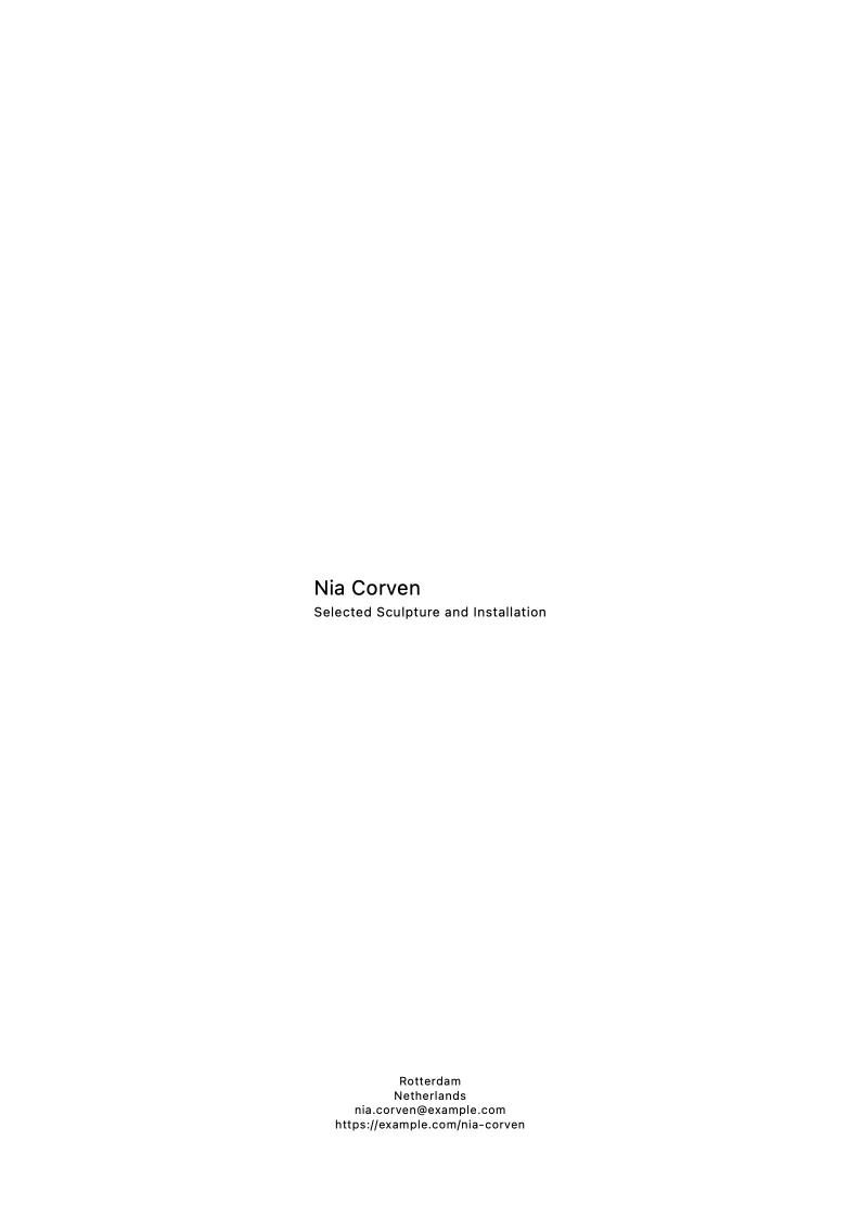Cover page of the fictional Nia Corven sculpture portfolio PDF.