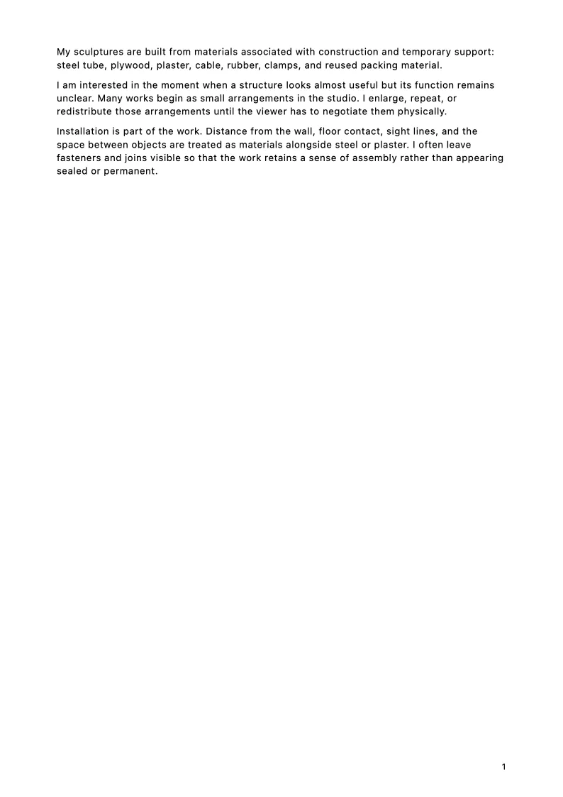 Artist statement page from the Nia Corven sculpture portfolio sample.