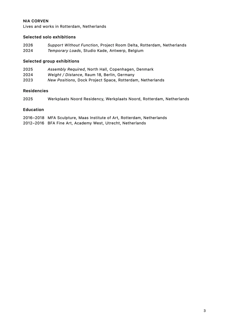 Artist CV page from the Nia Corven sculpture portfolio sample.